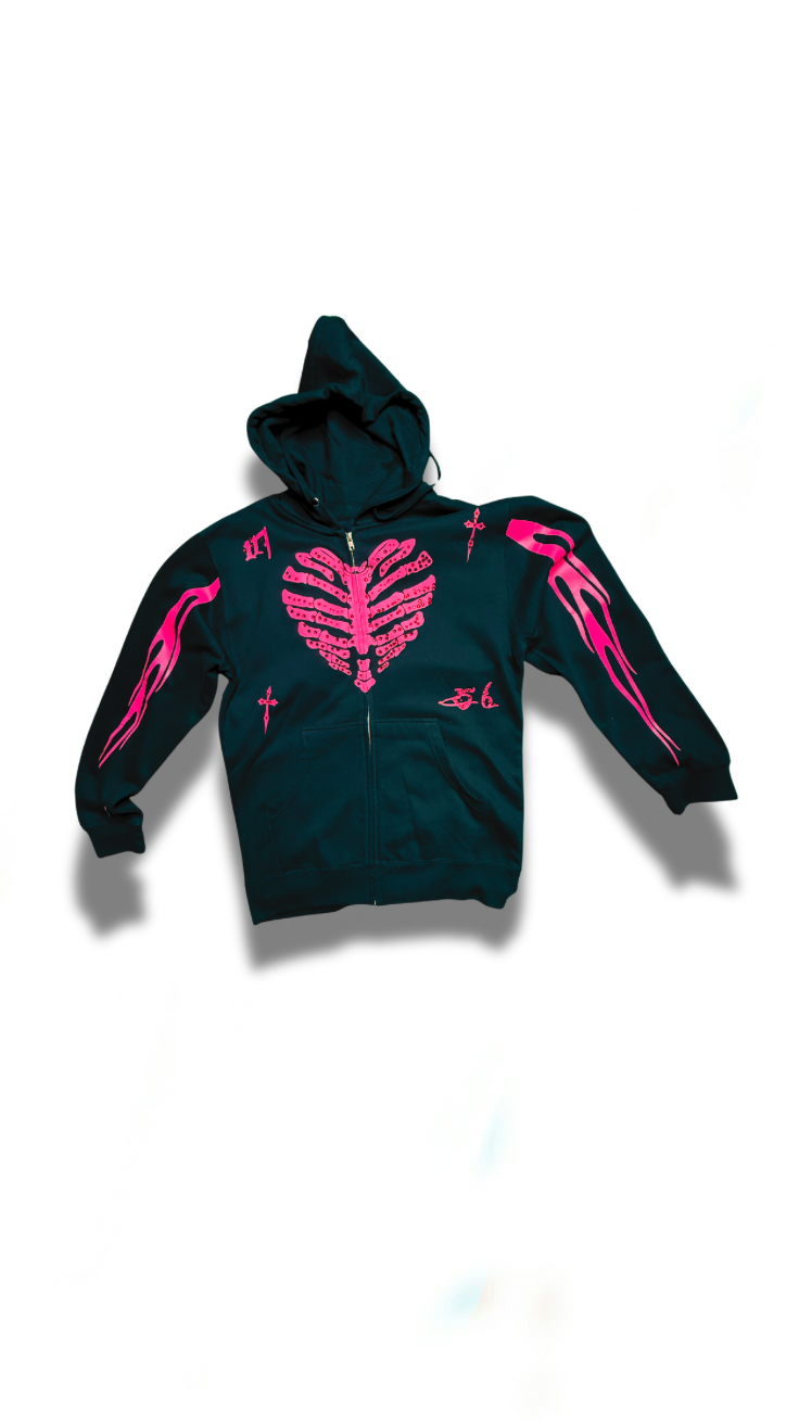 Black and Pink Heart Design Zip Up